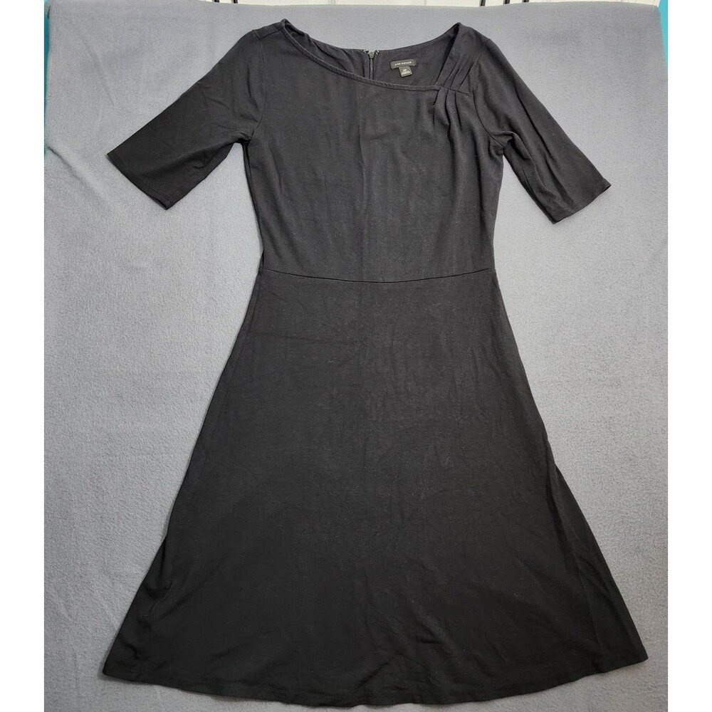 Ann Taylor Women 00 Black Round Neck Ruch Detail 3/4 Sleeve A Line Dress